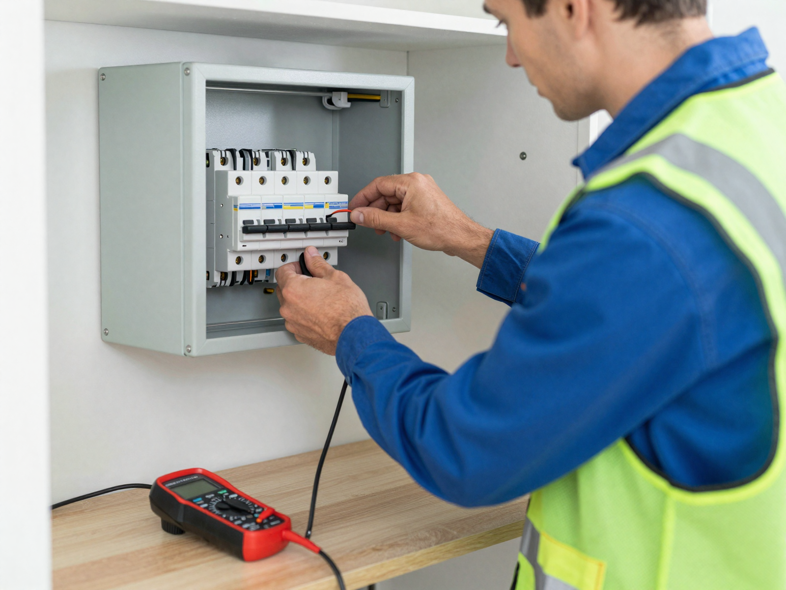 Professional electrician installing circuit breaker panel