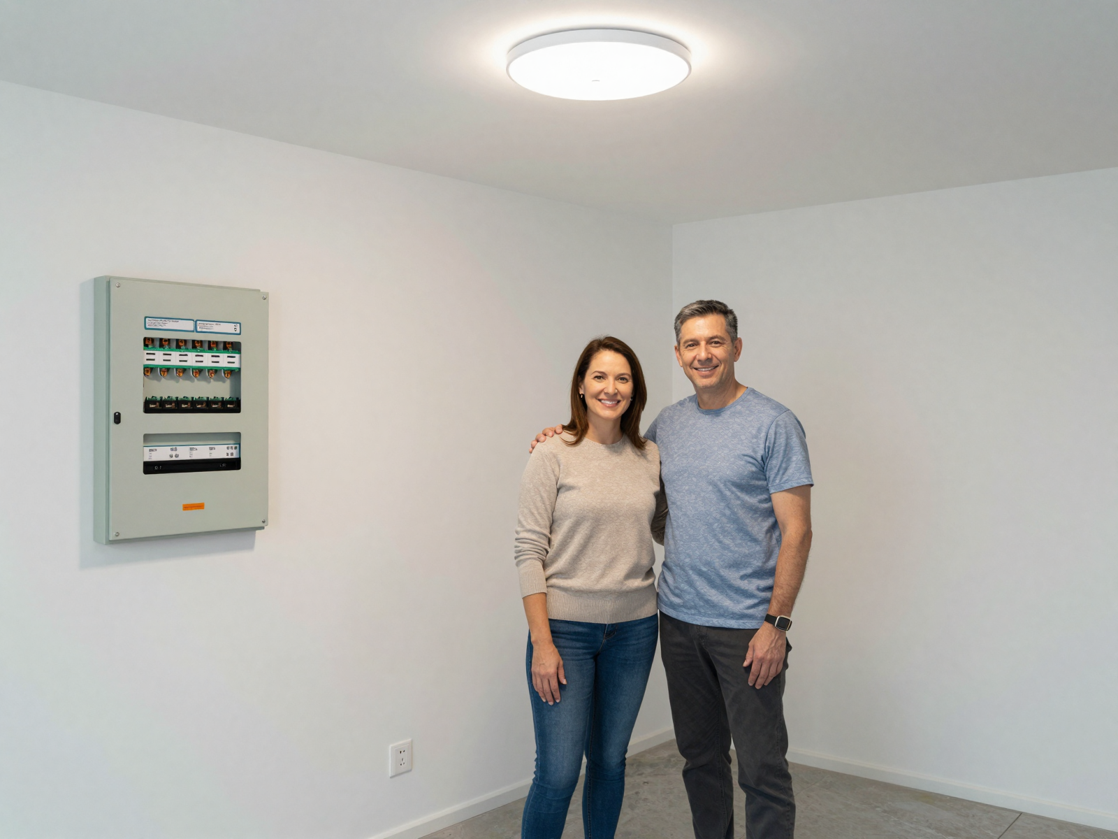 Completed electrical installation with modern outlets and lighting